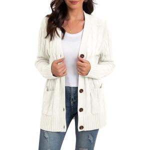 imageGRECERELLE Womens Long Sleeve Loose Knit Cable Open Front Button Down Cardigan Sweater Outerwear Coat with Pockets04white