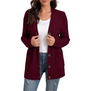 imageGRECERELLE Womens Long Sleeve Loose Knit Cable Open Front Button Down Cardigan Sweater Outerwear Coat with Pockets06wine Red