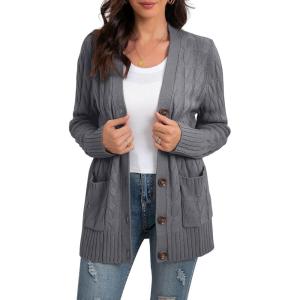 imageGRECERELLE Womens Long Sleeve Loose Knit Cable Open Front Button Down Cardigan Sweater Outerwear Coat with Pockets07dark Gray