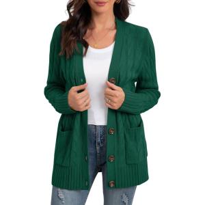 imageGRECERELLE Womens Long Sleeve Loose Knit Cable Open Front Button Down Cardigan Sweater Outerwear Coat with Pockets08dark Green