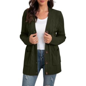 imageGRECERELLE Womens Long Sleeve Loose Knit Cable Open Front Button Down Cardigan Sweater Outerwear Coat with Pockets09army Green