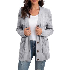 imageGRECERELLE Womens Long Sleeve Loose Knit Cable Open Front Button Down Cardigan Sweater Outerwear Coat with Pockets11gray