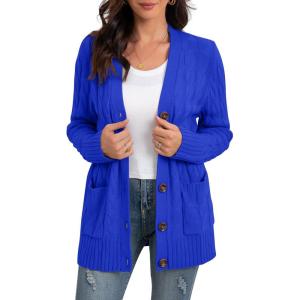 imageGRECERELLE Womens Long Sleeve Loose Knit Cable Open Front Button Down Cardigan Sweater Outerwear Coat with Pockets12royal Blue
