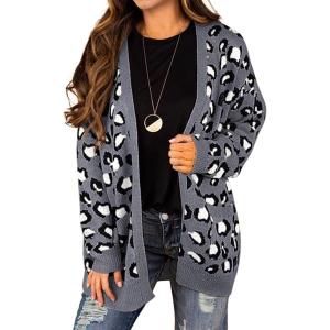 imageGRECERELLE Womens Long Sleeve Loose Knit Cable Open Front Button Down Cardigan Sweater Outerwear Coat with PocketsB03 Leopard Print Dark Gray