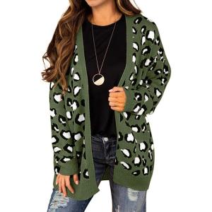 imageGRECERELLE Womens Long Sleeve Loose Knit Cable Open Front Button Down Cardigan Sweater Outerwear Coat with PocketsB04 Leopard Print Army Green
