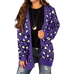 imageGRECERELLE Womens Long Sleeve Loose Knit Cable Open Front Button Down Cardigan Sweater Outerwear Coat with PocketsB05 Leopard Print Purple