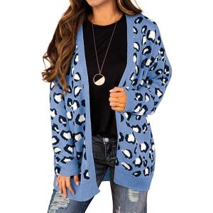 imageGRECERELLE Womens Long Sleeve Loose Knit Cable Open Front Button Down Cardigan Sweater Outerwear Coat with PocketsB06 Leopard Print Light Blue