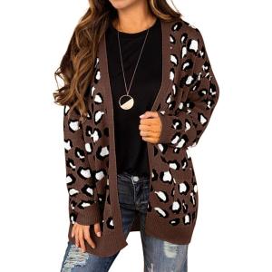 imageGRECERELLE Womens Long Sleeve Loose Knit Cable Open Front Button Down Cardigan Sweater Outerwear Coat with PocketsB07 Leopard Print Coffee