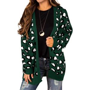 imageGRECERELLE Womens Long Sleeve Loose Knit Cable Open Front Button Down Cardigan Sweater Outerwear Coat with PocketsB09 Leopard Print Dark Green