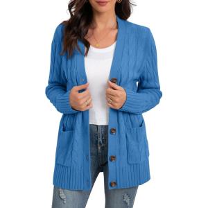 imageGRECERELLE Womens Long Sleeve Loose Knit Cable Open Front Button Down Cardigan Sweater Outerwear Coat with PocketsBlue