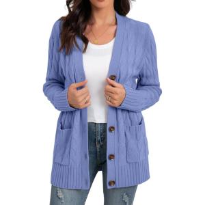 imageGRECERELLE Womens Long Sleeve Loose Knit Cable Open Front Button Down Cardigan Sweater Outerwear Coat with PocketsLight Blue