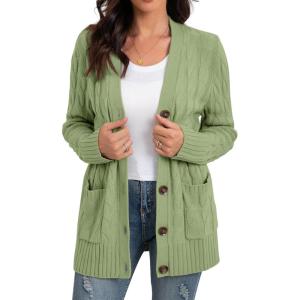imageGRECERELLE Womens Long Sleeve Loose Knit Cable Open Front Button Down Cardigan Sweater Outerwear Coat with PocketsLight Green
