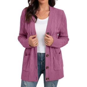 imageGRECERELLE Womens Long Sleeve Loose Knit Cable Open Front Button Down Cardigan Sweater Outerwear Coat with PocketsRed Gray