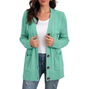 imageGRECERELLE Womens Long Sleeve Loose Knit Cable Open Front Button Down Cardigan Sweater Outerwear Coat with PocketsTender Green