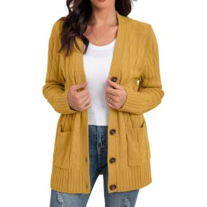 imageGRECERELLE Womens Long Sleeve Loose Knit Cable Open Front Button Down Cardigan Sweater Outerwear Coat with PocketsYellow
