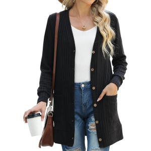 imageGRECERELLE Womens Long Sleeve Open Front Cardigan Button Down Ribbed Lightweight Knit Outerwear with Pocket01 Black