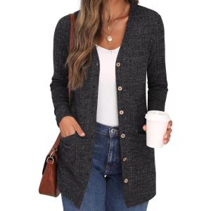 imageGRECERELLE Womens Long Sleeve Open Front Cardigan Button Down Ribbed Lightweight Knit Outerwear with Pocket02 Dark Gray