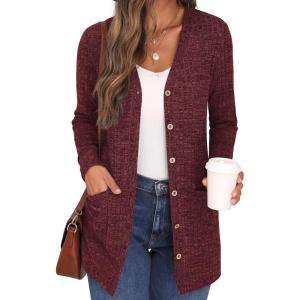 imageGRECERELLE Womens Long Sleeve Open Front Cardigan Button Down Ribbed Lightweight Knit Outerwear with Pocket03 Wine Red