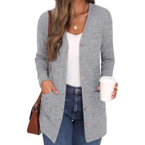 imageGRECERELLE Womens Long Sleeve Open Front Cardigan Button Down Ribbed Lightweight Knit Outerwear with Pocket04 Gary