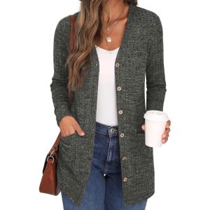 imageGRECERELLE Womens Long Sleeve Open Front Cardigan Button Down Ribbed Lightweight Knit Outerwear with Pocket05 Army Green