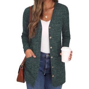 imageGRECERELLE Womens Long Sleeve Open Front Cardigan Button Down Ribbed Lightweight Knit Outerwear with Pocket07 Dark Green
