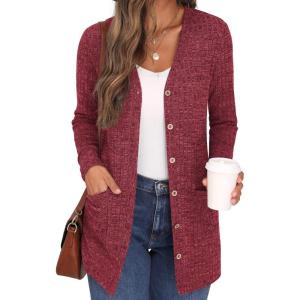 imageGRECERELLE Womens Long Sleeve Open Front Cardigan Button Down Ribbed Lightweight Knit Outerwear with Pocket08 Red