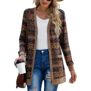 imageGRECERELLE Womens Long Sleeve Open Front Cardigan Button Down Ribbed Lightweight Knit Outerwear with PocketAround Flower Brown