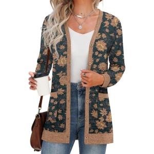 imageGRECERELLE Womens Long Sleeve Open Front Cardigan Button Down Ribbed Lightweight Knit Outerwear with PocketAster Green