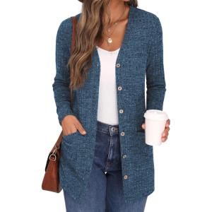 imageGRECERELLE Womens Long Sleeve Open Front Cardigan Button Down Ribbed Lightweight Knit Outerwear with PocketBlue