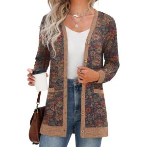 imageGRECERELLE Womens Long Sleeve Open Front Cardigan Button Down Ribbed Lightweight Knit Outerwear with PocketColorful Cashew Navy