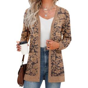 imageGRECERELLE Womens Long Sleeve Open Front Cardigan Button Down Ribbed Lightweight Knit Outerwear with PocketCosmos Khaki