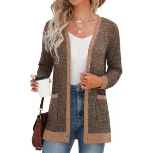 imageGRECERELLE Womens Long Sleeve Open Front Cardigan Button Down Ribbed Lightweight Knit Outerwear with PocketFlower Brown