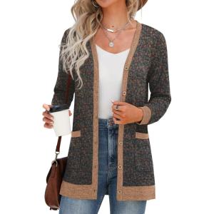 imageGRECERELLE Womens Long Sleeve Open Front Cardigan Button Down Ribbed Lightweight Knit Outerwear with PocketFlower Navy