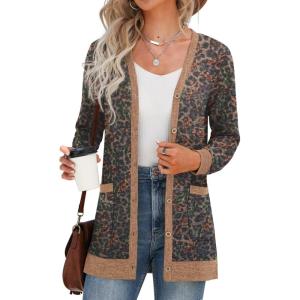 imageGRECERELLE Womens Long Sleeve Open Front Cardigan Button Down Ribbed Lightweight Knit Outerwear with PocketLeopard Black
