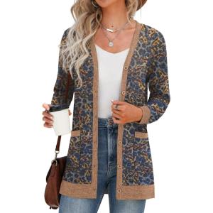 imageGRECERELLE Womens Long Sleeve Open Front Cardigan Button Down Ribbed Lightweight Knit Outerwear with PocketLeopard Blue