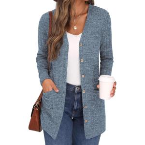 imageGRECERELLE Womens Long Sleeve Open Front Cardigan Button Down Ribbed Lightweight Knit Outerwear with PocketLight Blue