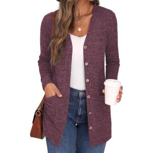 imageGRECERELLE Womens Long Sleeve Open Front Cardigan Button Down Ribbed Lightweight Knit Outerwear with PocketRose Red