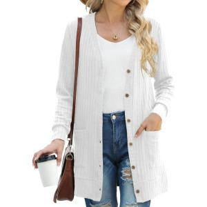 imageGRECERELLE Womens Long Sleeve Open Front Cardigan Button Down Ribbed Lightweight Knit Outerwear with PocketWhite