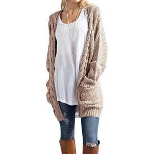imageGRECERELLE Womens Loose Open Front Long Sleeve Chunky Knit Cable Cardigans Sweater with PocketsKhaki