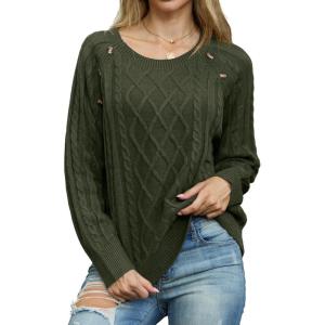 imageGRECERELLE Womens Sweaters Crewneck Bishop Long Sleeve Fall Oversized Knit Button Jumper TopsArmy Green