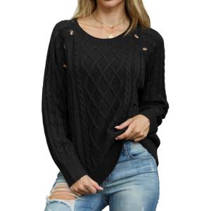 imageGRECERELLE Womens Sweaters Crewneck Bishop Long Sleeve Fall Oversized Knit Button Jumper TopsBlack