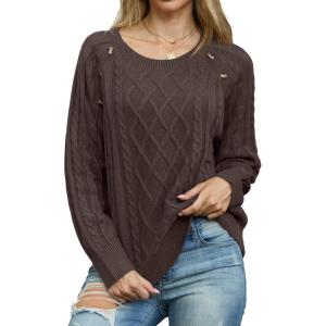 imageGRECERELLE Womens Sweaters Crewneck Bishop Long Sleeve Fall Oversized Knit Button Jumper TopsBrown