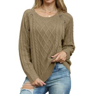imageGRECERELLE Womens Sweaters Crewneck Bishop Long Sleeve Fall Oversized Knit Button Jumper TopsKhaki