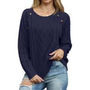 imageGRECERELLE Womens Sweaters Crewneck Bishop Long Sleeve Fall Oversized Knit Button Jumper TopsNavy Blue