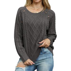imageGRECERELLE Womens Sweaters Crewneck Bishop Long Sleeve Fall Oversized Knit Button Jumper TopsPencil Gray