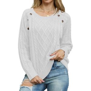 imageGRECERELLE Womens Sweaters Crewneck Bishop Long Sleeve Fall Oversized Knit Button Jumper TopsWhite