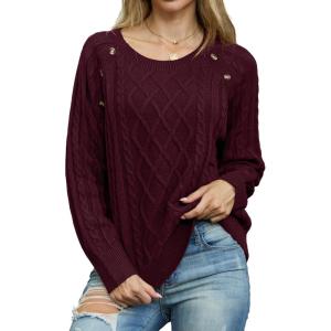 imageGRECERELLE Womens Sweaters Crewneck Bishop Long Sleeve Fall Oversized Knit Button Jumper TopsWine Red