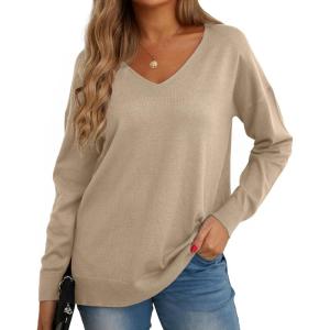 imageGRECERELLE Womens VNeck Long Sleeve Side Split Loose Casual Knit Pullover Sweater Blouse01 Khaki
