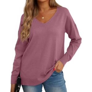 imageGRECERELLE Womens VNeck Long Sleeve Side Split Loose Casual Knit Pullover Sweater Blouse03 Red Gray