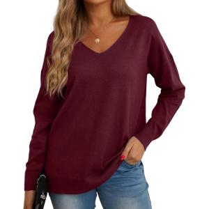 imageGRECERELLE Womens VNeck Long Sleeve Side Split Loose Casual Knit Pullover Sweater Blouse04 Wine Red